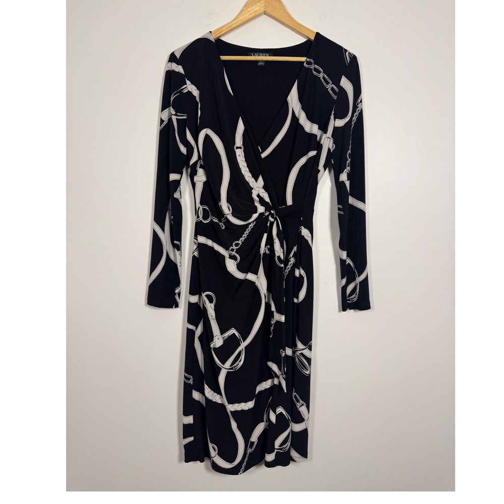 Equestrian Lauren Ralph Lauren Womens 6 Faux Wrap Dress Black White Chain Buckle